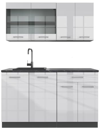 Vicco Singleküche R-Line, Weiß Hochglanz/Anthrazit, 140 cm, AP Anthrazit