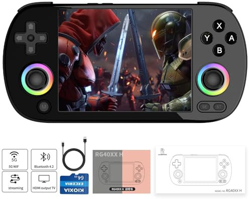 RG40XX H Retro Handheld Game Consoles RG40XXH Retro Gaming Console 64 TF Card Preloaded Games 5000+ Portable Gaming Console Linux 64-bit System 4.0'' IPS Screen WiFi Bluetooth HD and TV Output Black