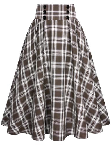 Belle Poque Damen Plaid Rock Vintage Hohe Taille A-Linie Plaid Rock mit Taschen