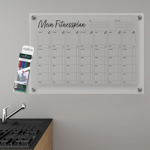 PRIMUS PRINT Fitnessplaner aus Acrylglas 100x70cm abwischbarer Fitness & Ernährungs Trainingsplaner inkl. Folienstift Set & silberfarbenen Abstandshalter - Wandkalender, Workout Kalender, Wochenplaner