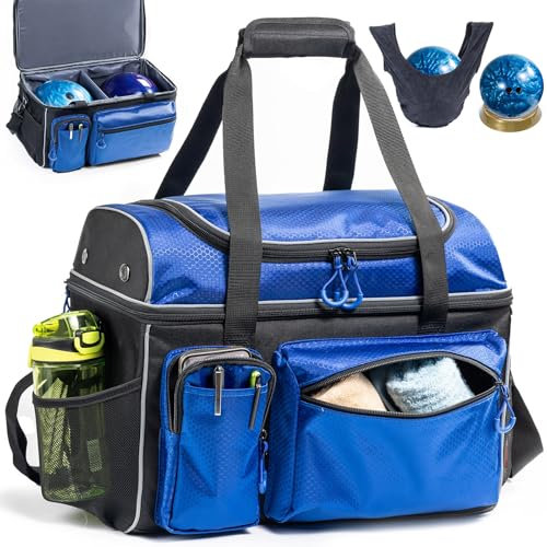 VIGEGARI Doppelschichtige Bowlingball-Tasche für 2 Bälle mit 2 Bowlingkugel-Becherständer und Mikrofaser-Ball-Poliertasche – Bowlingball-Tragetasche mit Taschen für Bowlingschuhe und Bowling-Zubehör