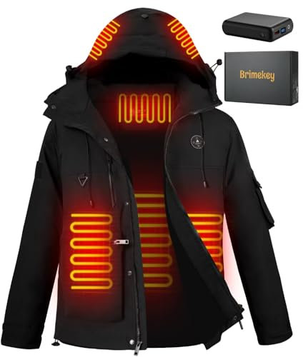 Brimekey Beheizbare Jacke Herren mit Akkupack 7.4V 12000mAh Beheizbare Kapuzenjacke mit 3 Heizstufen, Wasserdicht Winddicht Wintermäntel Körperwärmer zum Outdoorarbeit