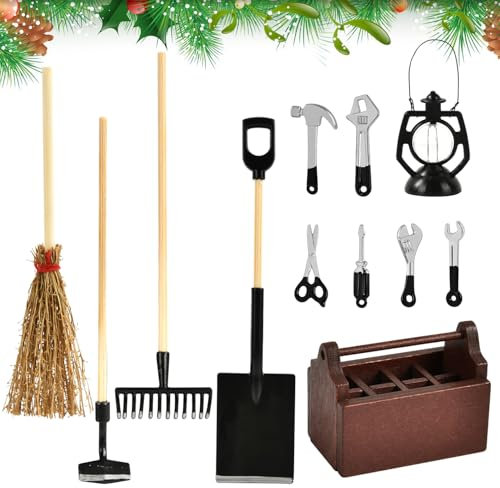 Miniatur Wichtel Zubehör, Miniatur Zubehör Garten, 12 Stück Wichtel Zubehör Miniatur Werkzeugkasten, Mini Puppenhaus Zubehör, Miniatur Werkzeug Puppenhaus für Weihnachten Dekoration