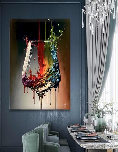 BHTMOI Impression de peinture sur verre à vin coloré | Impressions d'art sur toile | Cadeau pour amateur de vin | Décoration murale abstraite pour la cuisine 60x80cm (24x31in) avec cadre