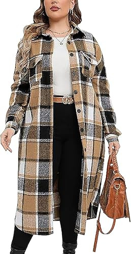 Jhsnjnr Damen Flanell Karierte Jacke Oversize Langarm Revers Button Down Karohemd Baumwolle Lang Hemdjacke Mantel