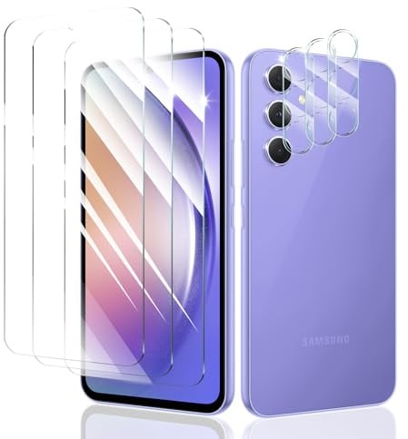 Lot de 3 + 3 films de protection d'écran en verre trempé pour Samsung Galaxy A54 - Dureté 9H - Transparent HD - Anti-rayures - Sans bulles