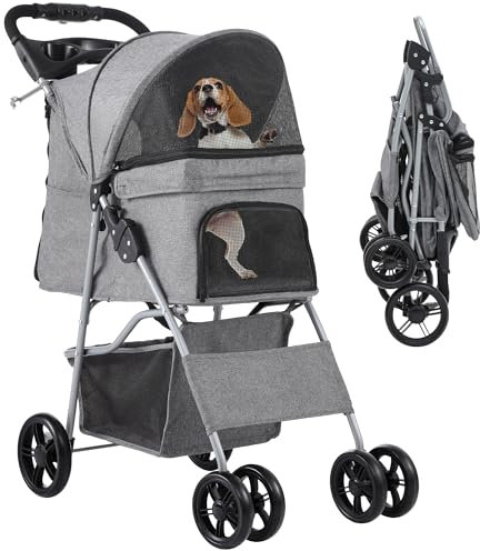 YITAHOME Hundewagen Haustiere Buggy bis 15kg, Hundebuggy mit Netzfenstern & Getränkehalter & Ablagekorb, Katzenbuggy für Hunde Katzen (Grau)