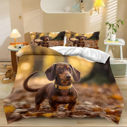 Generisch Bettbezugtiere Herbst Dackelbettwäsche-Set Mit Braun Gelbbettbezug-Set Bedruckt Kinder Teenager Erwachsenetagesdecke 135 X 200 cm Bezug Weich Leicht Leichte Duvet Cover 3-Piece