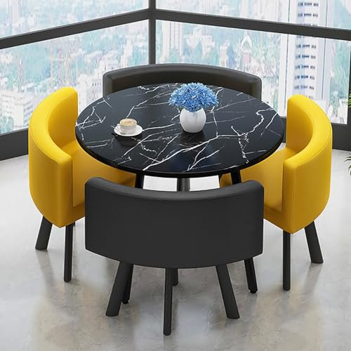 Modernes rundes Esstisch-Set für 4 Personen mit Rückenlehne, Stühle, gelbe Farbe, Essgruppe für Büro, Freizeit, Konferenzen, Empfang und Verhandlungen