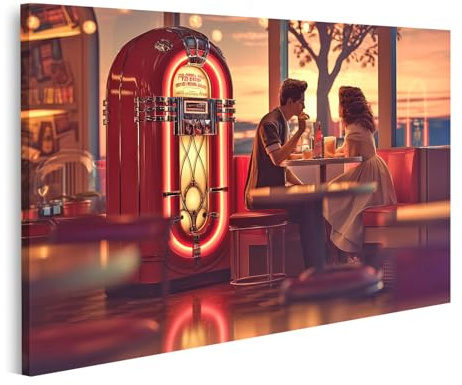 islandburner Bild auf Leinwand Retro Diner bei Sonnenuntergang mit Jukebox für Küche Retro-Liebhaber Diner Bilder Wandbilder Poster