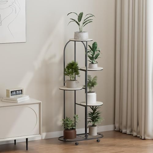 Cachpib Étagère à fleurs à plusieurs étages en métal avec roulettes - Banc de fleurs - Escalier pour plantes - Étagère sur pied pour l'intérieur - Décoration de jardin et balcon