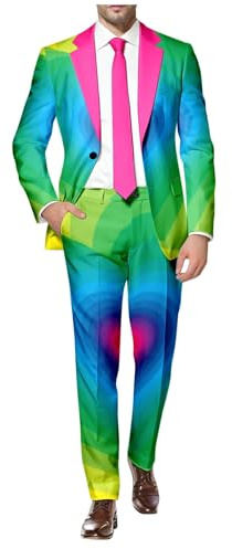 Bauzuoyo Regenbogen Kostüm Herren Anzug 2 Teilig Sportlich Sakko Hose Konfetti Anzug Herren 80er 90er Jahre Neon Party Outfit Bunte Karneval Mottoparty Kostüm Slim Fit Hippie Kleidung
