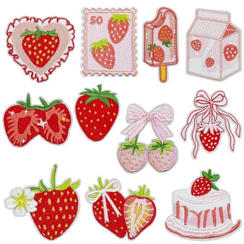 JMZLLRX 11 Stück Erdbeeren Patches zum Aufbügeln, Flicken Patches Applikationen zum Aufnähen Bügelaufkleber für Reparatur, Kleidung, Jacken, Taschen