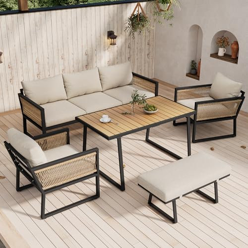 Jtyca Garten-Essgruppe, Balkon Möbel Set, 5-TLG Gartenmöbel Set, Lounge Möbel Outdoor, 3er Sofa, 2 Sessel, Hocker und Esstisch, Tischplatte aus Kunststoffholz, Armlehnen aus Geflochtenem Seil, Beige
