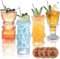 USEEKRIL 4er-Set transparenter Tiki-Gläser – exotische Tropische Cocktailgläser mit Strohhalmen und Untersetzern, Tiki Becher im Hawaii-Stil für Cocktails, Mai Tai, Zombie und Pia Colada