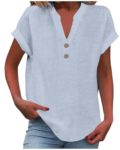 Women's Summer Cotton Linen Cap Sleeve T-Shirt Button Down V-Neck Loose Tunic Tops Fashionable Baggy Solid Color Plain Casual Shirts Trendy Lounge Blouses Light Blue