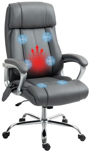 HOMCOM Sedia da Ufficio Massaggiante a 6 Punti, Vibrante e Inclinabile, Poltrona da Ufficio e Scrivania Moderna Girevole con Tasca Laterale e Telecomando in pelle PU, 66x72x113-121 cm, Grigio Carbone