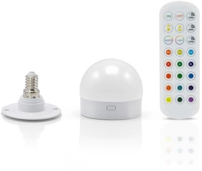 Auraglow Rechargeable Wireless LED Light Bulb with Remote – Battery-Powered, Dimmable, Colour-Changing, Wall & Ceiling Mounted or E27/B22/E14 Adaptor (1, E14 Light Source with Remote)