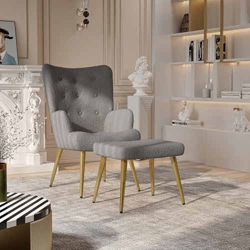 BRILVERDE Ohrensessel mit Hocker,Metallbeine,Hohe Rückenlehne,Relax Armlehnensessel Polstersessel,für Wohnzimmer,Balkon,Lammwolle (Dunkelgrau)