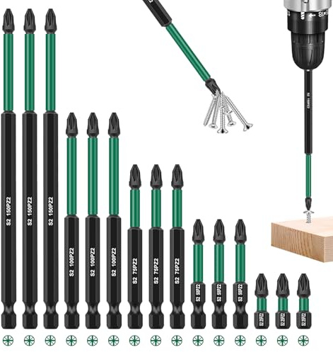 Magnetic Impact Driver Bits, 15Pcs PZ2 Screwdriver Impact Bit 150mm 100mm 75mm 50mm 25mm for Pozi Pozidriv Heavy Duty