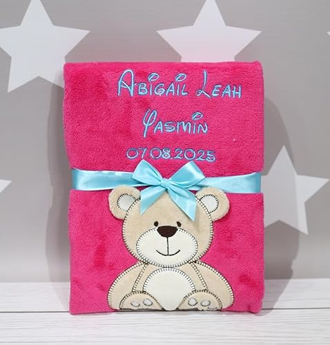 BotoBaby Kuschelige Babydecke Pink Teddybär – Personalisiert mit Namen oder Geburtsdatum – Weiche Baby Decke für Mädchen – Bestickt – Geschenk zur Geburt & Taufe (Pink - Teddybär)