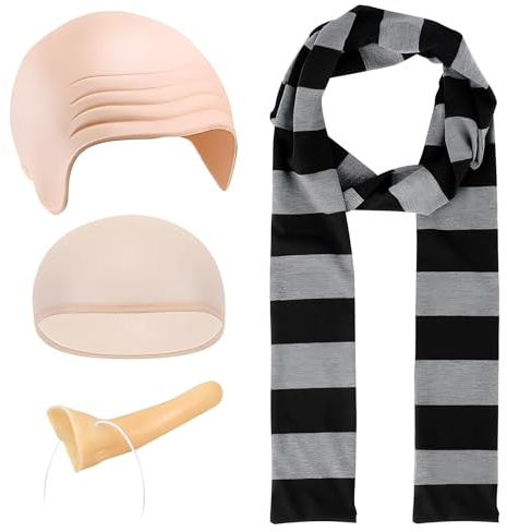4 Stück Mardi Gras Kostüm, Latex kahle Kappe, Haarnetz, Lange Nase, Schal | Fancy Kleid Cosplay Hut Kostüm Zubehör für Mardi Gras
