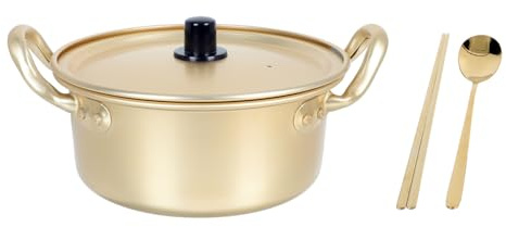 LALADEFIEE Korean Ramen Pot Aluminum Noodle Pot 16Cm Portable Cooking Stockpot with Lid and Gold Spoon Chopsticks Set for Instant Noodles