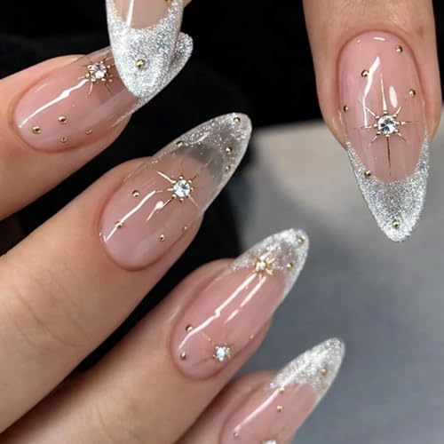 Long Stiletto Press-On False Nails, Nude Pink, Silver Glitter, 1 Set | Glossy Finish, Clear Stone And Gold-Tone Details, Coordinated Manicure For Formal Events, Celebrations And Home Styling