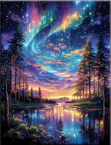 CLYCTIP Diamond Art Kits for Adults, Aurora Lake Diamond Painting Kits, Landscapes Art Paint for Home Wall Decor 30x40 cm (Blue)