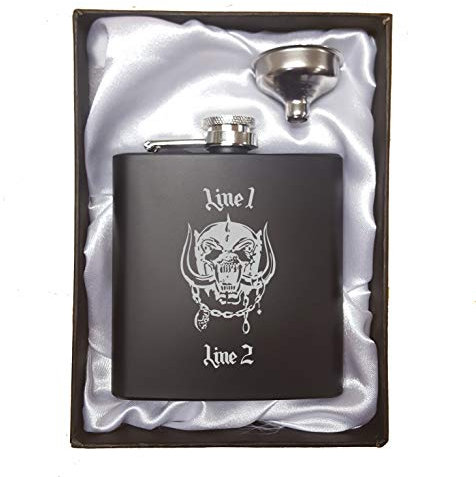 Personalised Engraved Motorhead Inspired Hip Flask Set