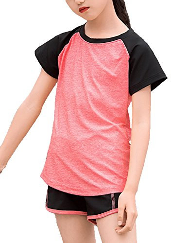Echinodon Mädchen Sport Set Shirt + Shorts Schnelltrockend Sommer 2tlg Sportanzug für Yoga Jogging Training Rot 140