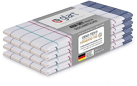 Glart 48NAV Geschirrtücher Set – 4 Stück à 70x50 cm – 100 % Baumwolle – 300 GSM – Oeko-TEX zertifiziert – Kariert in Blau, Rot, Grün, Gelb – Waschbar & saugstark