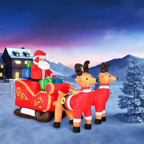 Slitta Di Babbo Natale Gonfiabile Con Renne e Luci a LED Sistema Autogonfiabile Per Esterno Protezione IP44 Addobbo e Decorazione Natalizia