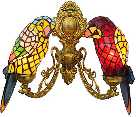 Blivuself Tiffany Wandlampen Licht Britische moderne Korridor Tiffany Papageien-Vogel-Doppelkopf-Wandlampe Tier Papagei Farbe Glas bar Restaurant Glaslampe