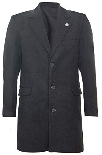 Tru Clothing Mens 3/4 Long Wool Charcoal Crombie Overcoat Jacket Blinders Trench Slim Fit Coat 38