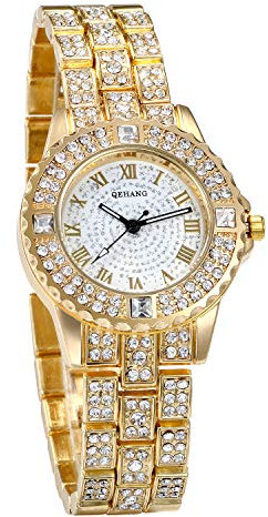 JewelryWe Damenuhr Elegant Armbanduhr mit Strass Glitzer Römanische Ziffer Metallarmband Analog Quarz Uhr