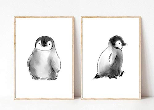 Din A4 Kunstdruck ungerahmt - 2-teilig - Niedlicher Pinguin Profil Aquarell grau Geschenk Druck Poster Bild