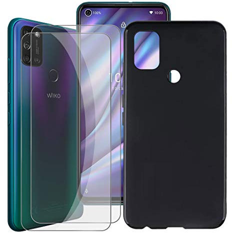 HHUAN Coque + 2 pièces Verre trempé Film pour Wiko View 5 Plus (6.55), Noir Cover Souple Silicone Antichoc TPU Housse Etui Bumper Case et écran HD Film Protecteur - Black