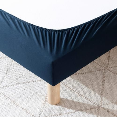 Cache-sommier 120x190 Bleu Marine – 100% Coton Jersey Extensible – Doux, Résistant, Facile à Installer – Oeko-TEX – pour sommier de 15 à 30 cm