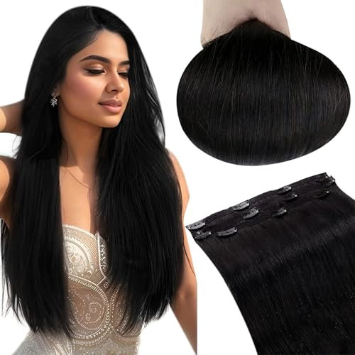 RUNATURE Clip in Extensions Echthaar Schwarz 30cm Kurz Echte Haare Echthaar Extensions Clip Naturliches Schwarz Clip Extensions Echthaar Günstig Haarverlängerung Echthaar 3 Stück 50g #1B