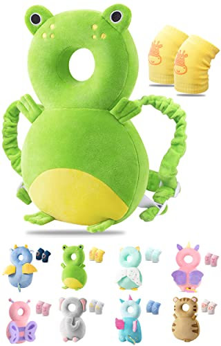 JEJA Baby Kopfschutz, Verstellbare Schutzkissen Baby, Safety Guard Kissen für Kinder 4-24 Monate - Frosch mit Knieschoner Baby Krabbeln