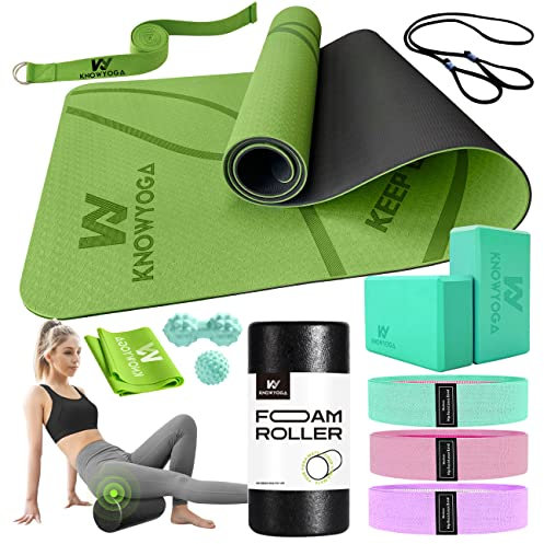 KNOWYOGA Yoga Starter Kit 12 in 1 – Yogamatte, Blöcke, Schaumstoffrolle, 4 Widerstandsbänder, 2 Erdnuss-Massagebälle, für Anfänger und Fortgeschrittene, Grün