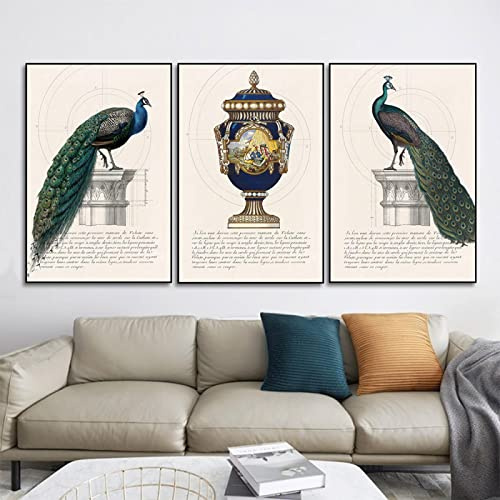 Leinwand Gemälde Europa Klassischer Pfau Vase Drucke Wandkunst Bilder Wohnzimmer Flur Home Dining Dekorieren Poster 50x75cm-3Pcs Frameless