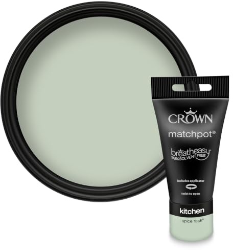 Crown EASYCLEAN KITCHEN Mid Green Matt Paint Tester Pot - Sample 40ml | Try Spice Rack before you buy. Stain resistant matt wall paint sample walls, ceilings, wood & metal. Low VOC