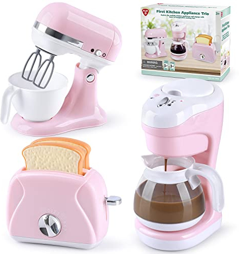 Kitchen Appliances Toys, Kids Play Kitchen Accessories Set, Pretend Kitchen Toys for Kids Ages 4-8, Coffee Maker, Mixer, Toaster with Realistic Lights & Sounds, Gift for Girls Ages 3+