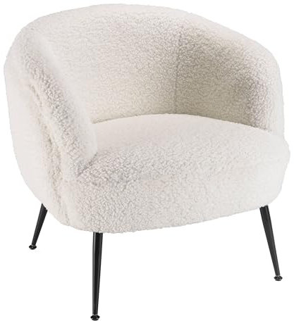 MACABANE Agathe - Fauteuil Cosy Tissu Bouclette Blanc Pieds métal Noir