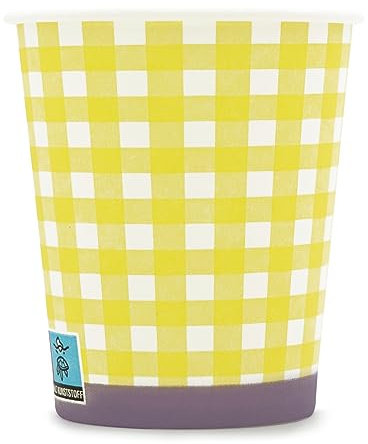 Wellsamed WELLSACUP 100 Stück Pappbecher 180 ml Gelb Kariert, geeignet für Heiß- und Kaltgetränke, Coffee to go, Picknick, Grillen, Party