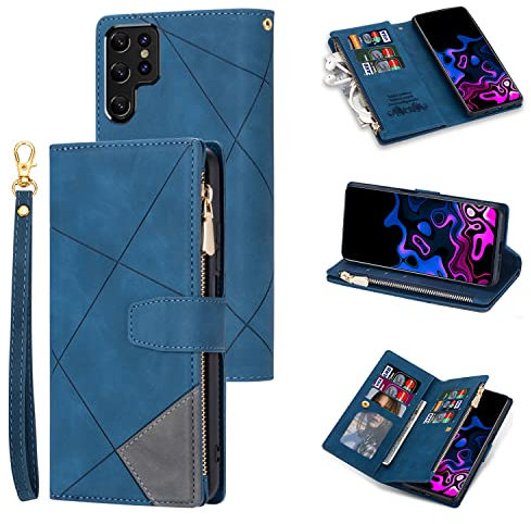 UEEBAI Hülle für Samsung Galaxy S23 Ultra, Retro Reißverschluss Handyhülle PU Leder Klapphülle Silikon Bumper mit 9 Kartenfächer Standfunktion Geldbörse Trageband Schutzhülle Wallet Case - Blau#