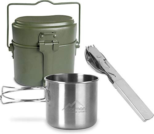 normani Essgeschirrset Bundeswehr Kochgeschirr + BW-Besteck mit Flaschen- und Dosenöffner + Edelstahltasse mit Klappgriffen 500 ml - rostfreier 18/8 Stahl Farbe Olive