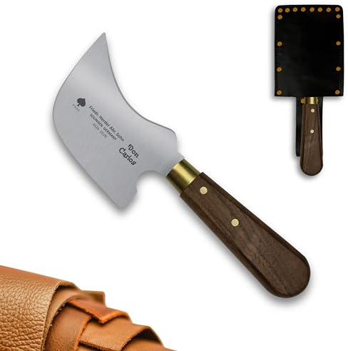 DON CARLOS Viertelmondmesser/Quarter Moon Knife, Professionelles Fenstermesser, Bodenlegermesser, Sattlermesser - universelle Anwendung, Klinge 10 cm, Walnussgriff, praktische Lederscheide